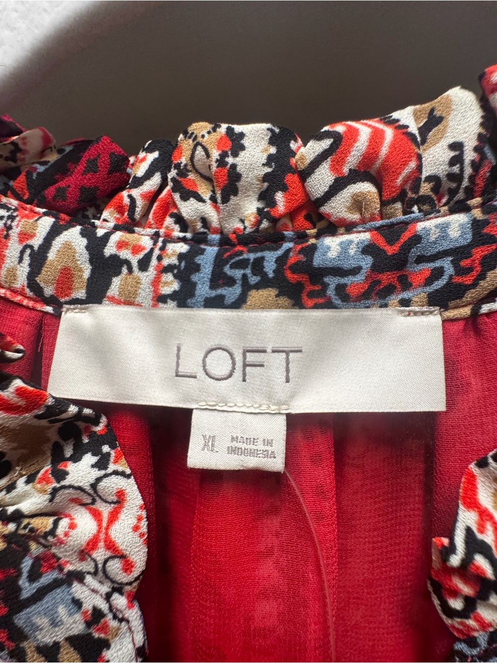 LOFT Red Multi-Pattern Long-Sleeve Tiered Dress - Picture 8 of 11